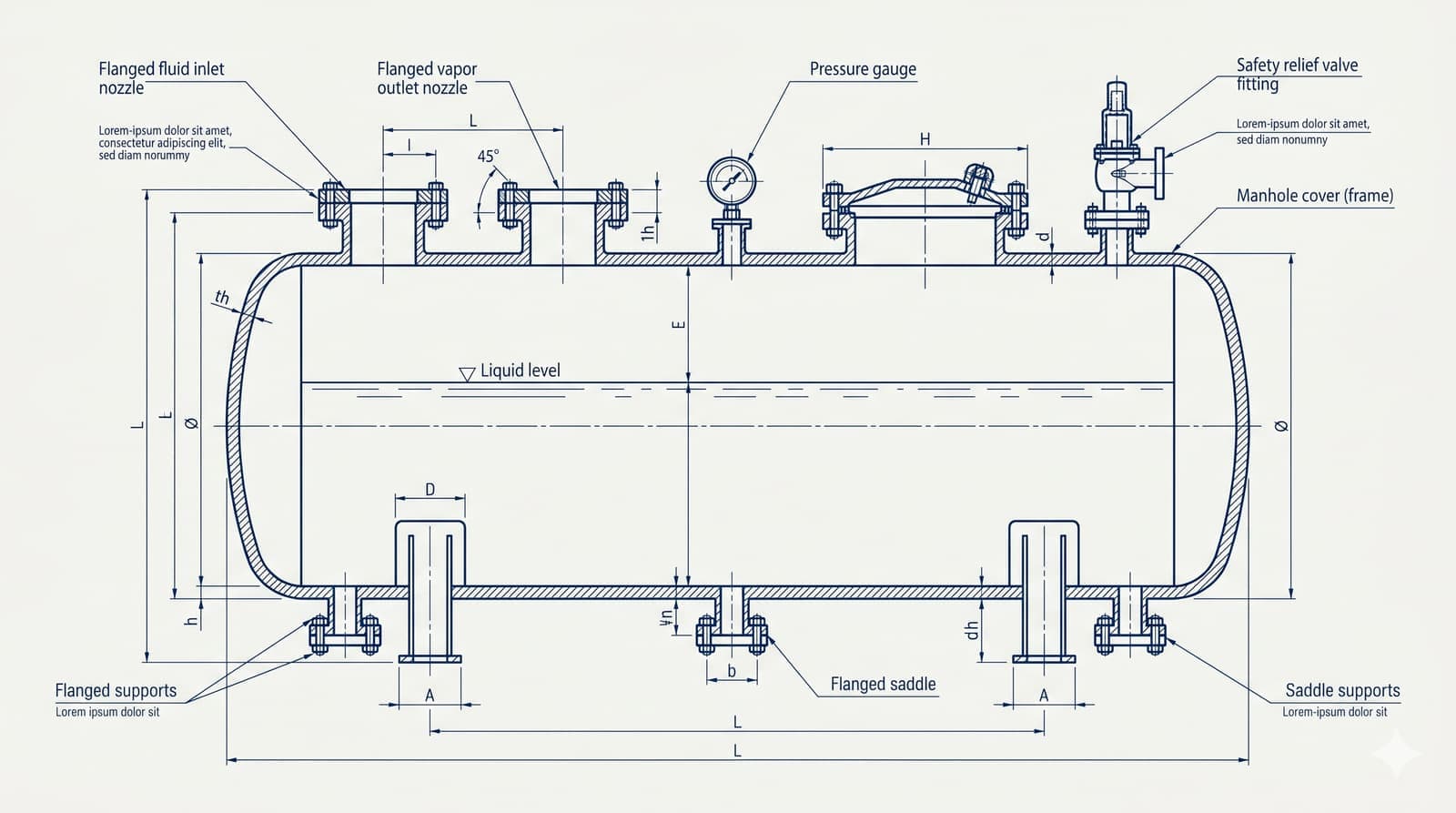 Engineering blueprint schematics of a pressure vessel under pressure.